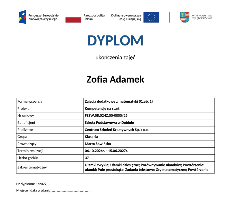 Dyplom ukończenia zajęć