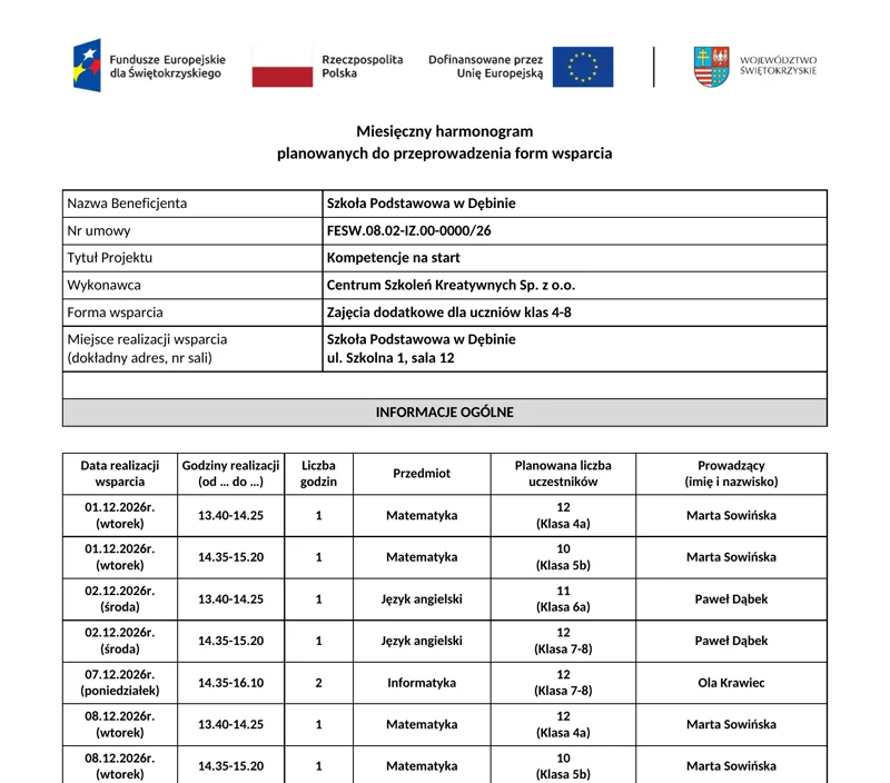Miesięczny harmonogram form wsparcia