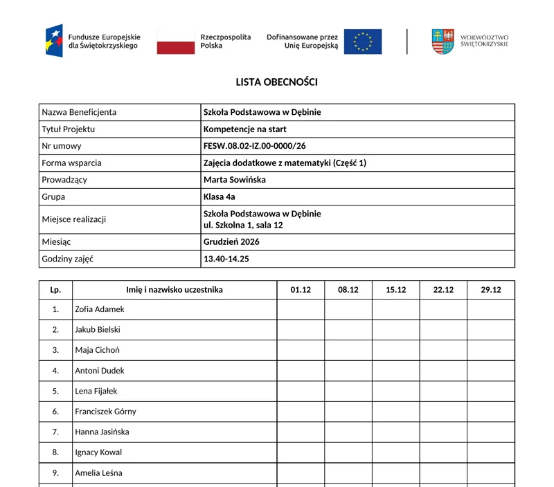 Lista obecności z nazwiskami uczestników