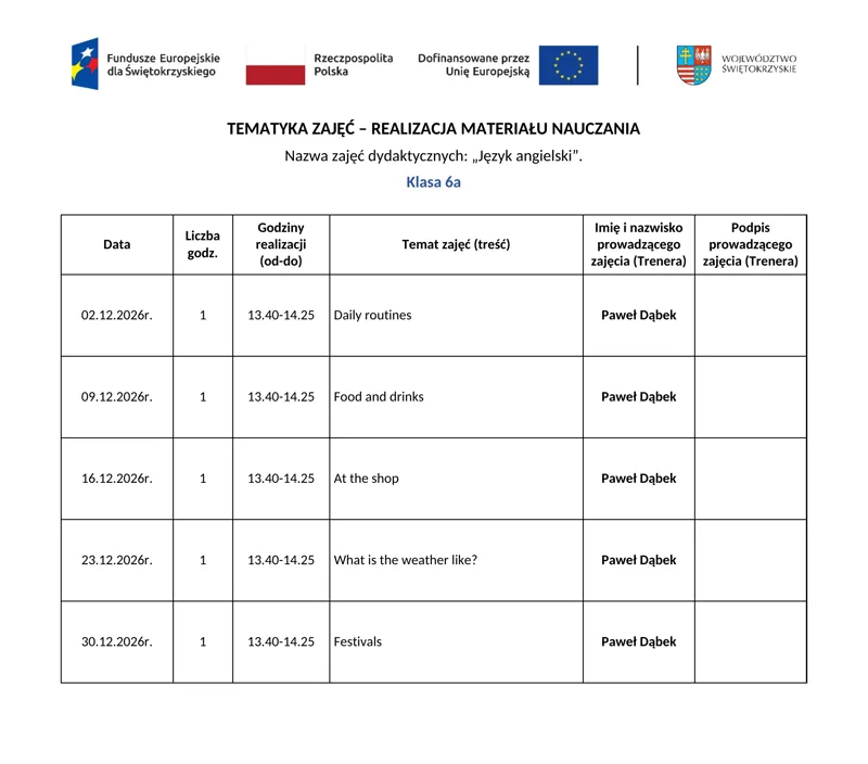 Tematyka zajęć z datami i prowadzącym