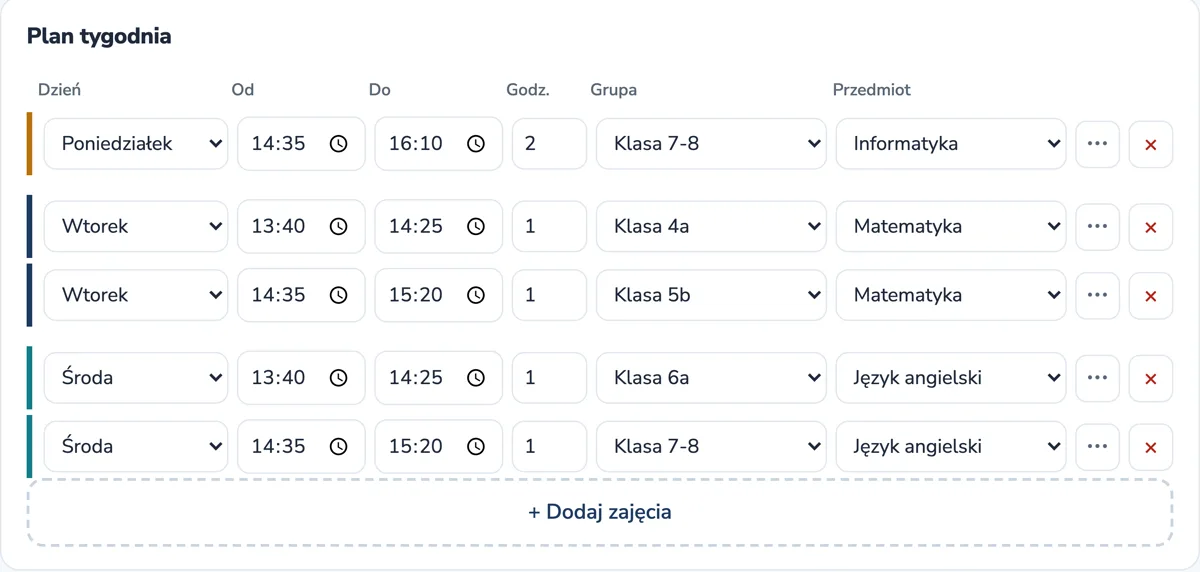 Plan tygodnia w narzędziu: dni, godziny, grupy i przedmioty