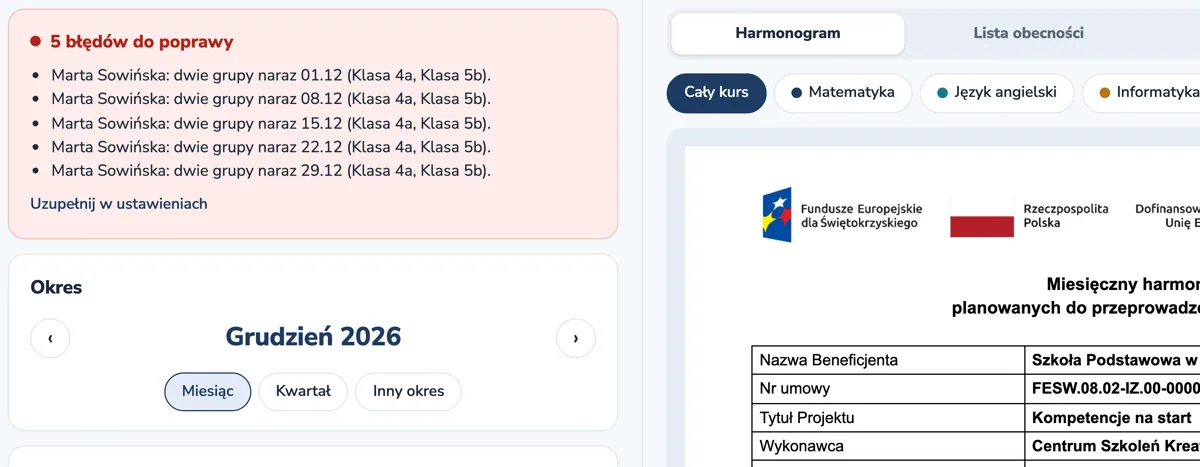 Ostrzeżenie narzędzia: prowadząca ma dwie grupy o tej samej godzinie